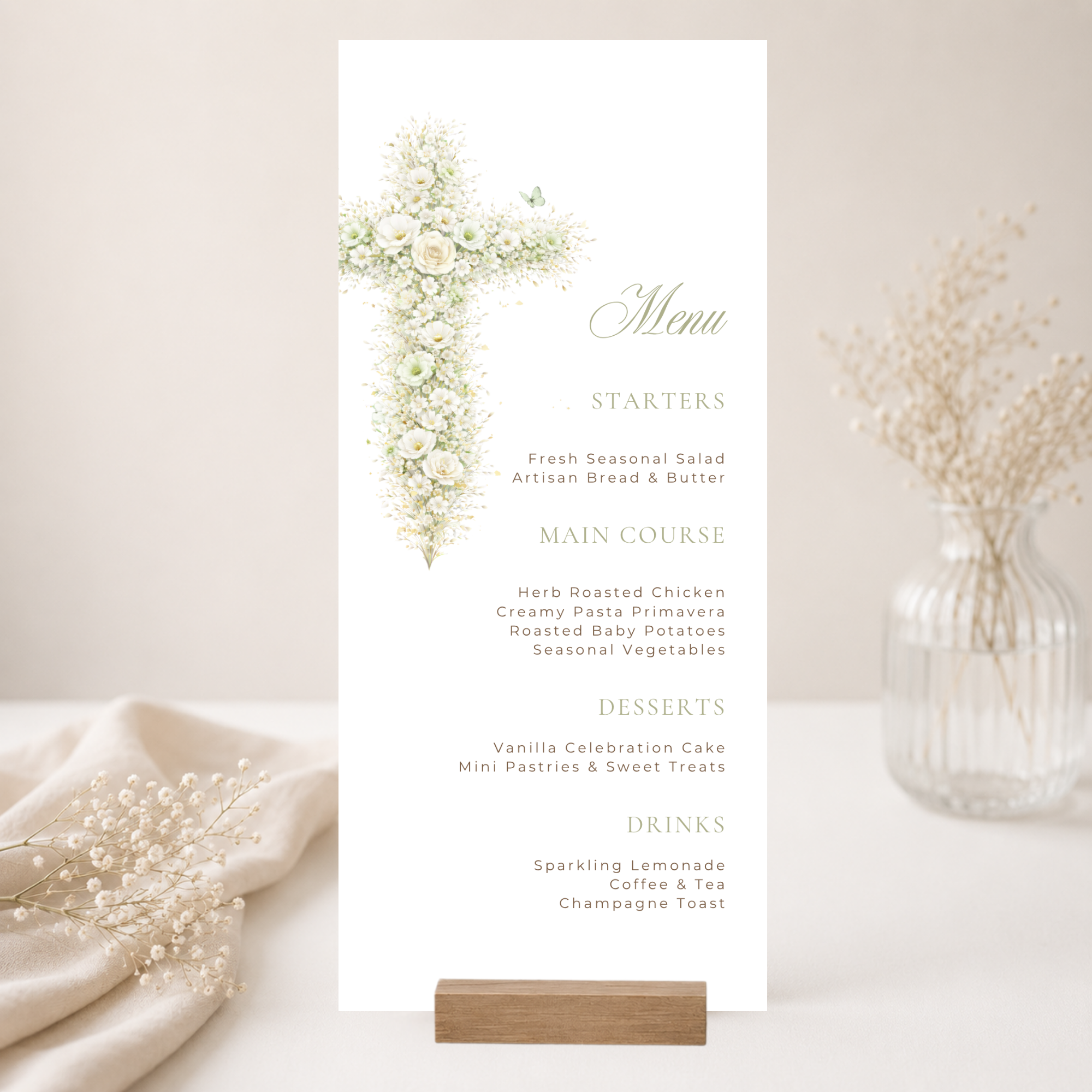 Elegant sage green floral baptism menu template with vintage floral cross editable in Canva for christening celebrations