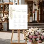 Elegant sage green floral baptism seating chart with vintage floral cross editable in Canva for christening celebrations