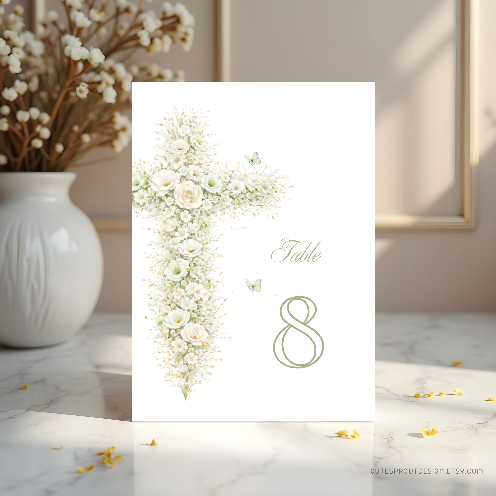 Vintage floral sage green baptism table sign with elegant floral cross and editable table number template