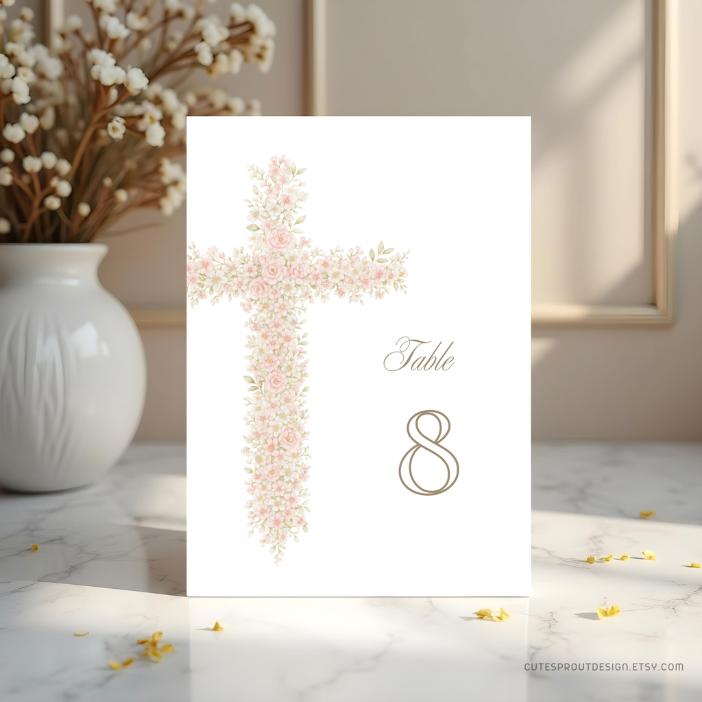 Soft pink floral baptism table sign with blush floral cross and elegant neutral religious design