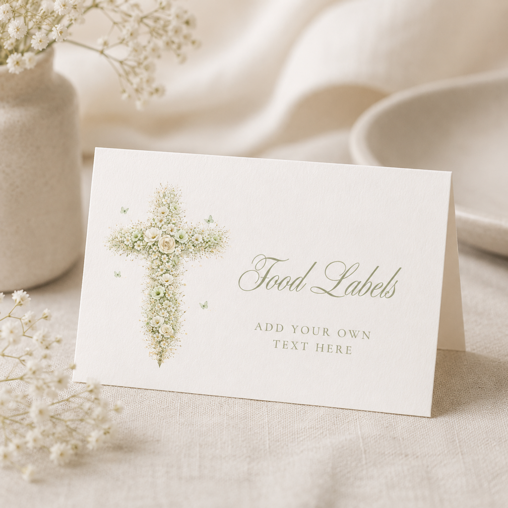 Elegant sage green floral baptism food labels with vintage floral cross editable in Canva for buffet tables and dessert displays