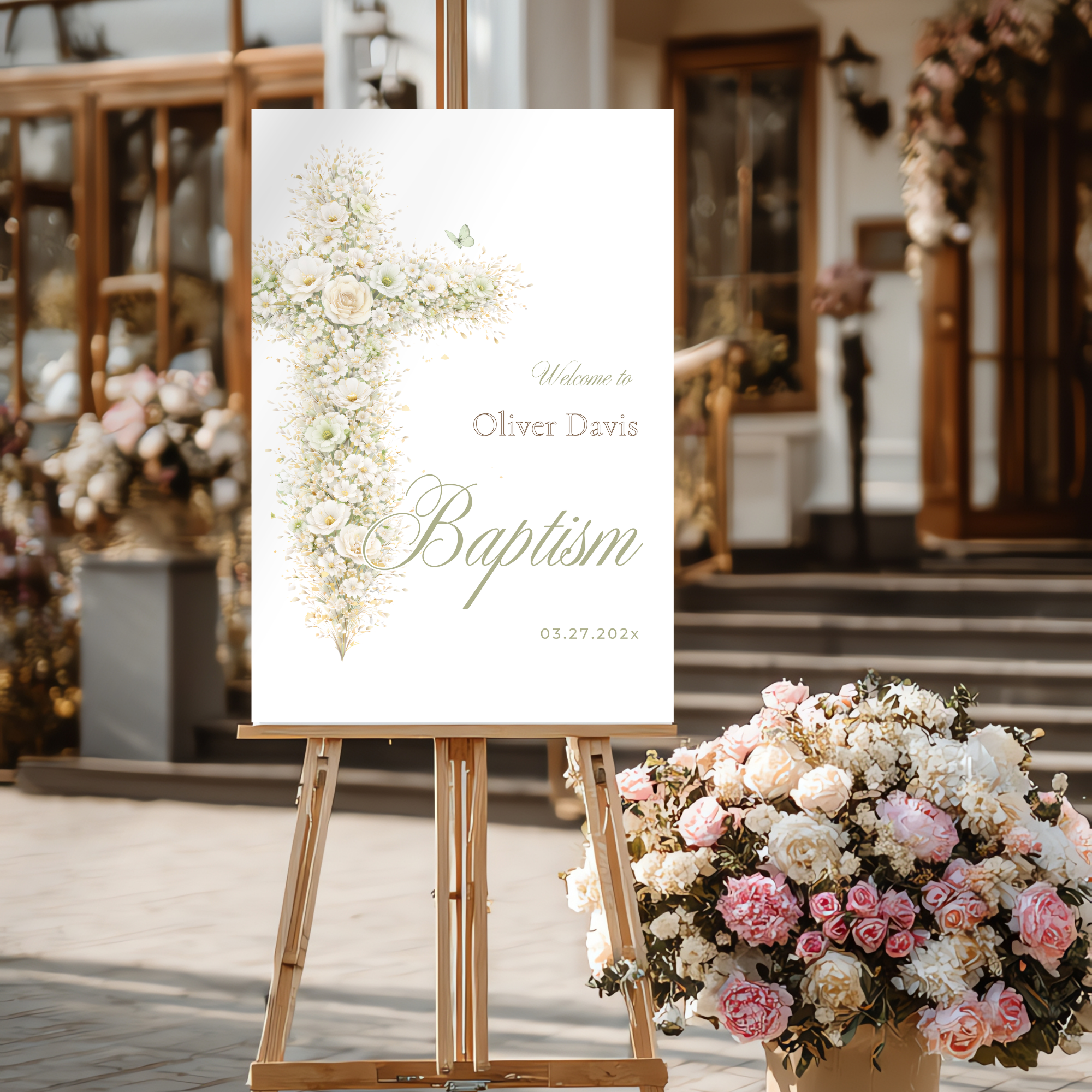 Vintage floral sage green baptism welcome sign with elegant floral cross and editable Canva template