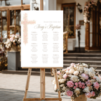 Soft pink floral baptism seating chart with elegant blush floral cross and editable table seating layout