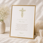Elegant sage green floral baptism prayer sign with vintage floral cross editable in Canva for christening celebrations
