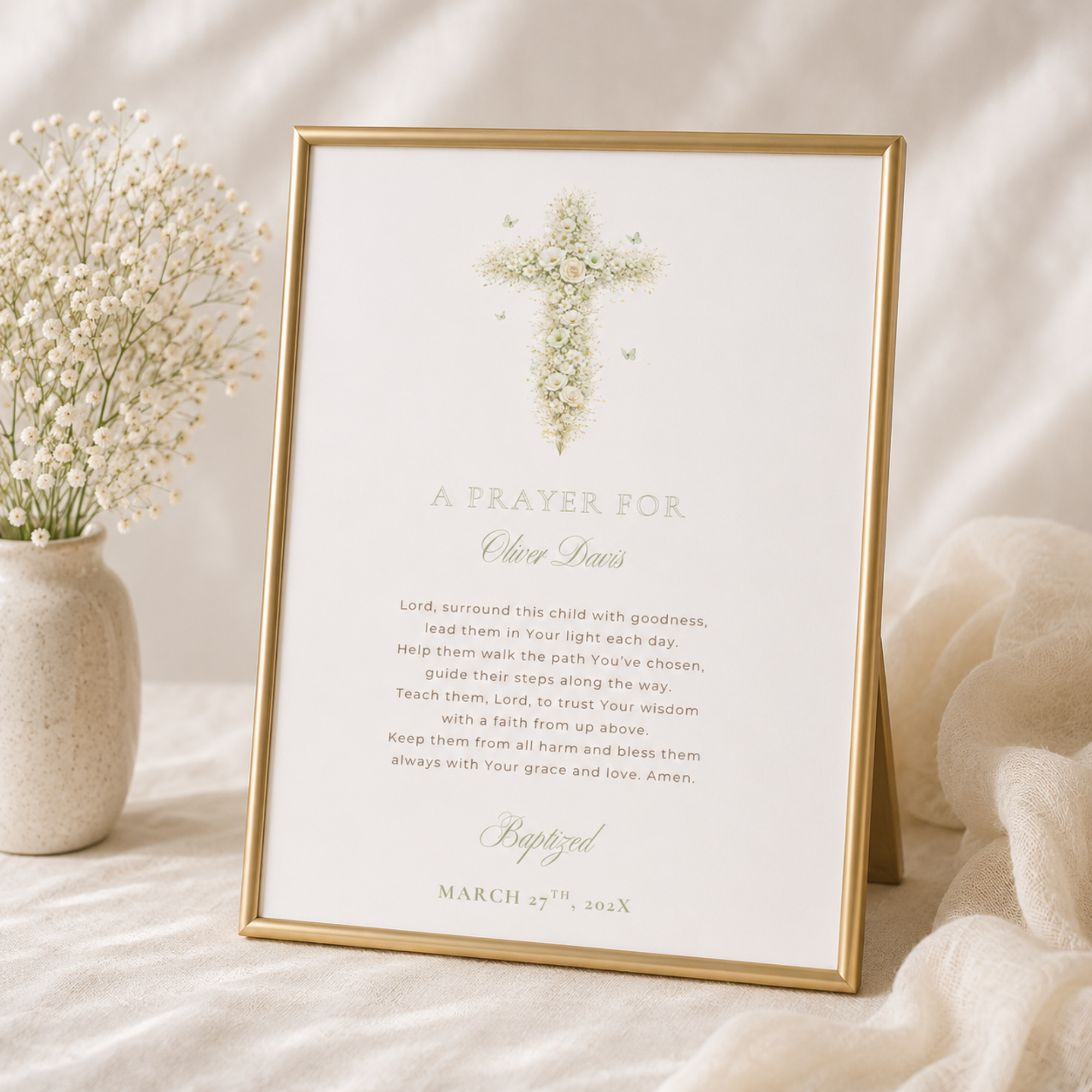 Elegant sage green floral baptism prayer sign with vintage floral cross editable in Canva for christening celebrations