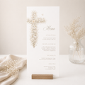 Vintage floral baptism menu card with neutral gold floral cross and elegant beige christening table menu design
