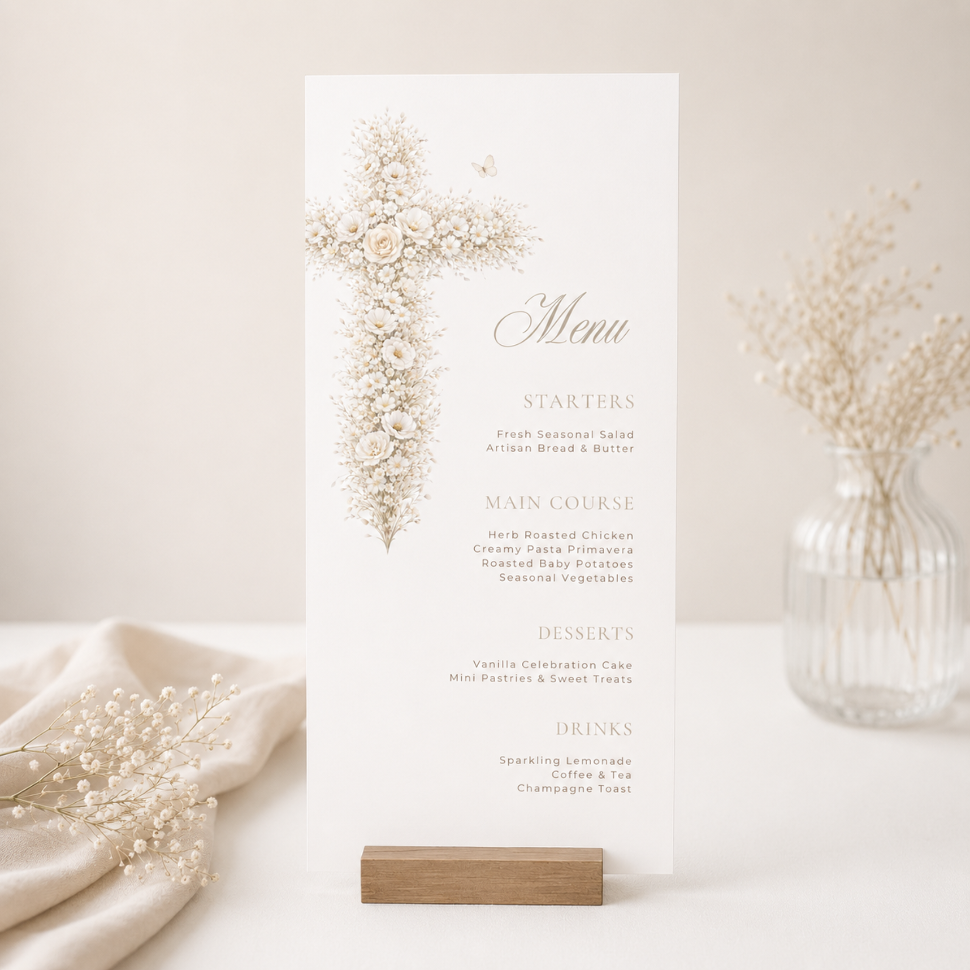 Vintage floral baptism menu card with neutral gold floral cross and elegant beige christening table menu design