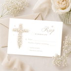 Vintage floral baptism RSVP card with neutral gold floral cross and elegant beige christening response design