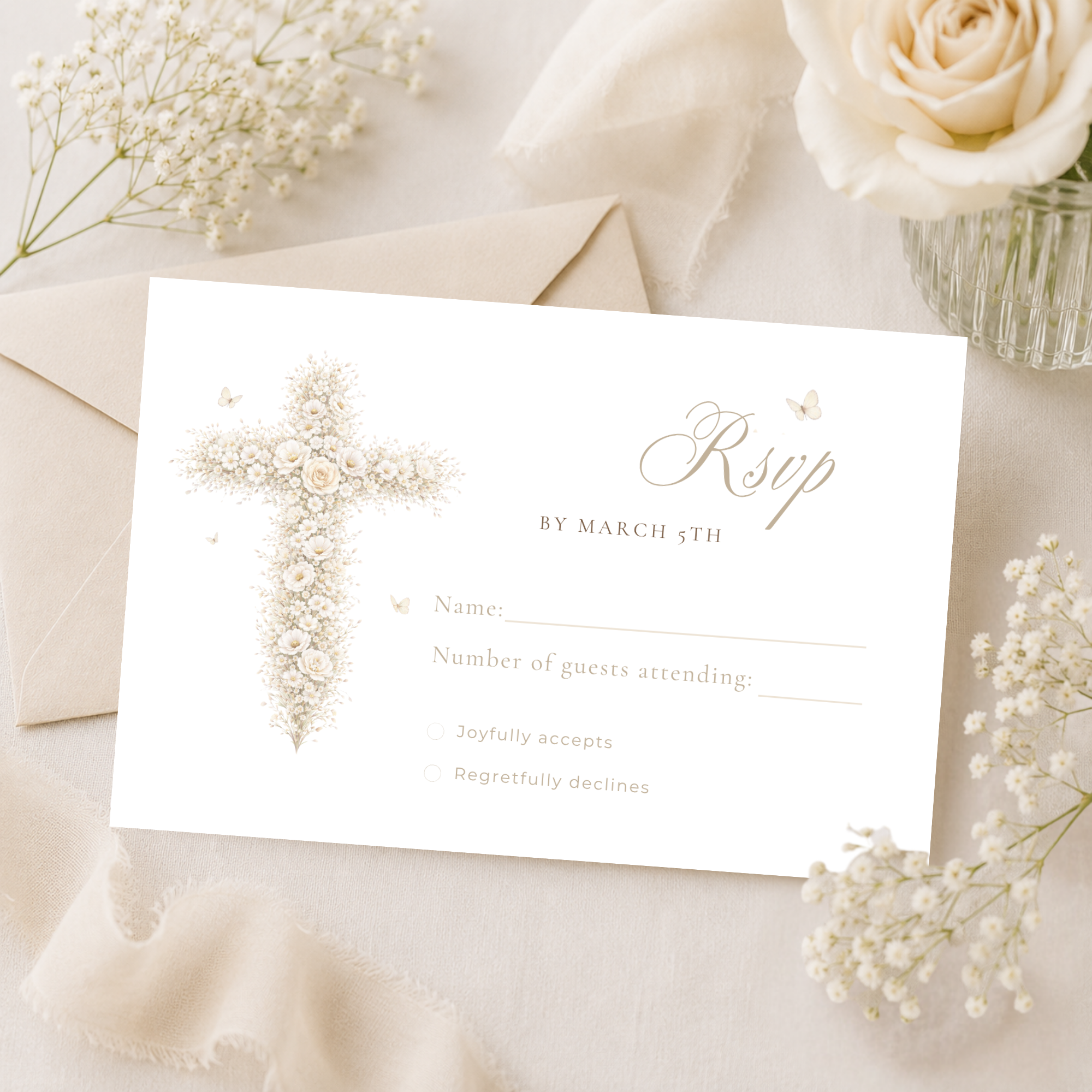 Vintage floral baptism RSVP card with neutral gold floral cross and elegant beige christening response design
