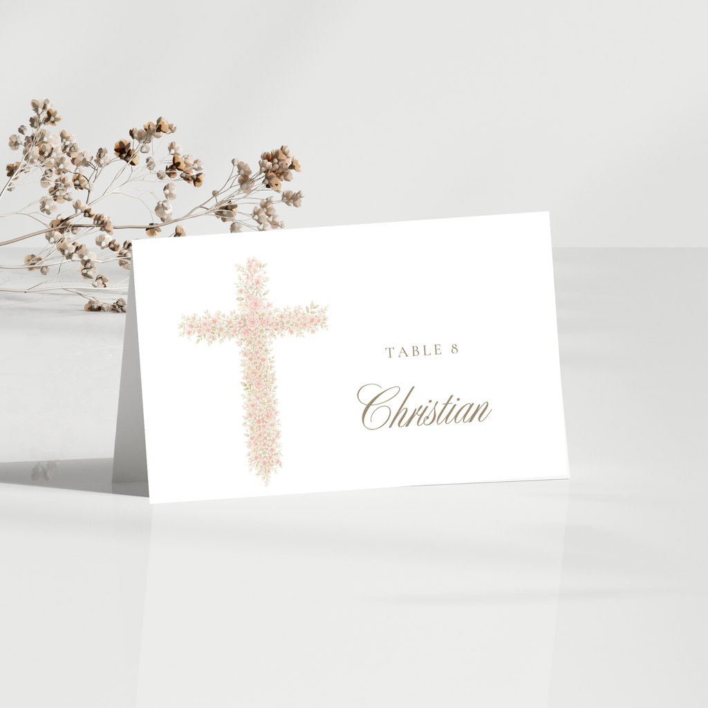 Soft pink floral baptism folded place card with blush floral cross and elegant seating card design