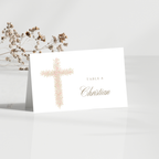 Soft pink floral baptism folded place card with blush floral cross and elegant seating card design