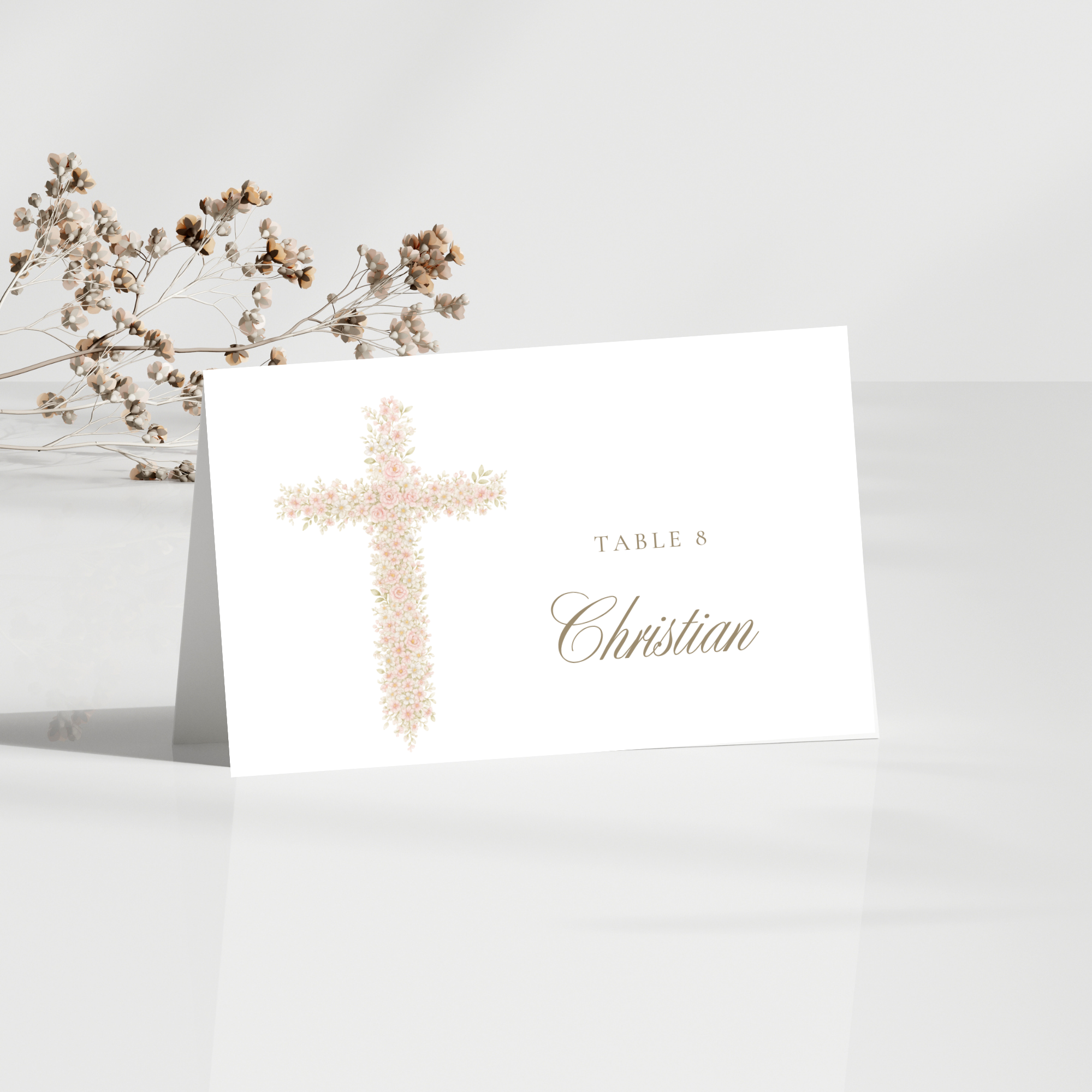 Soft pink floral baptism folded place card with blush floral cross and elegant seating card design
