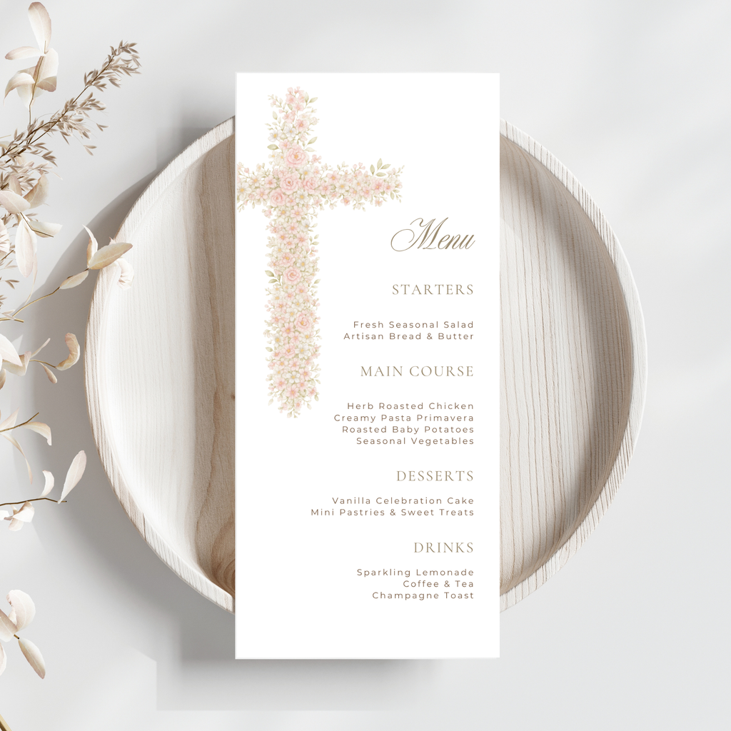 Soft pink floral baptism menu card with elegant blush floral cross and editable menu layout