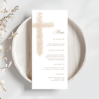 Soft pink floral baptism menu card with elegant blush floral cross and editable menu layout
