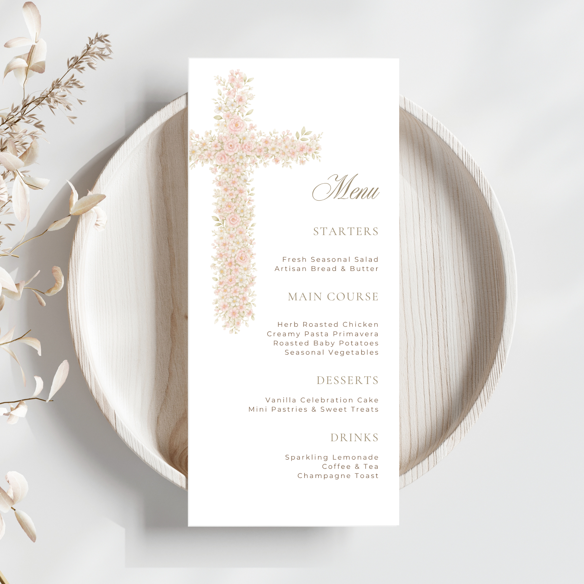 Soft pink floral baptism menu card with elegant blush floral cross and editable menu layout