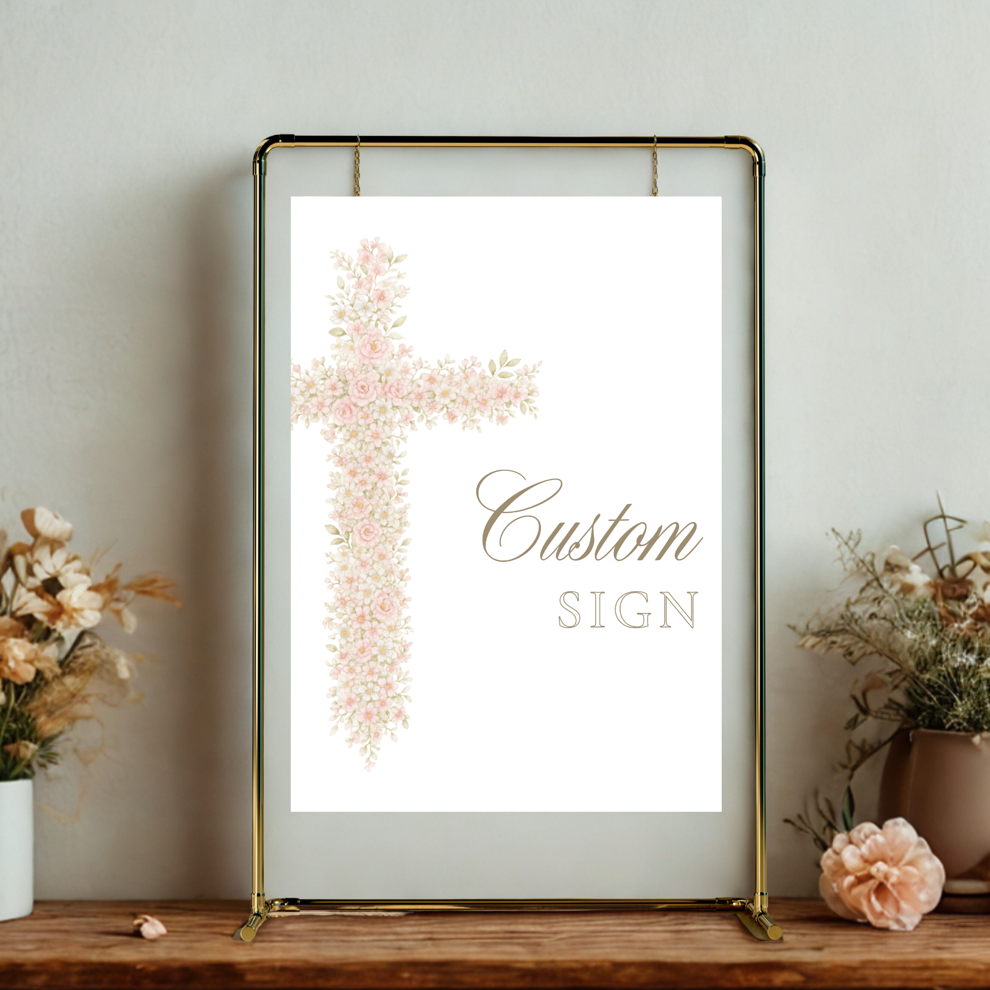 Soft pink floral baptism custom sign with elegant blush floral cross and editable personalized sign layout