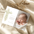 Vintage floral sage green baptism thank you card with baby photo and elegant floral cross editable in Canva