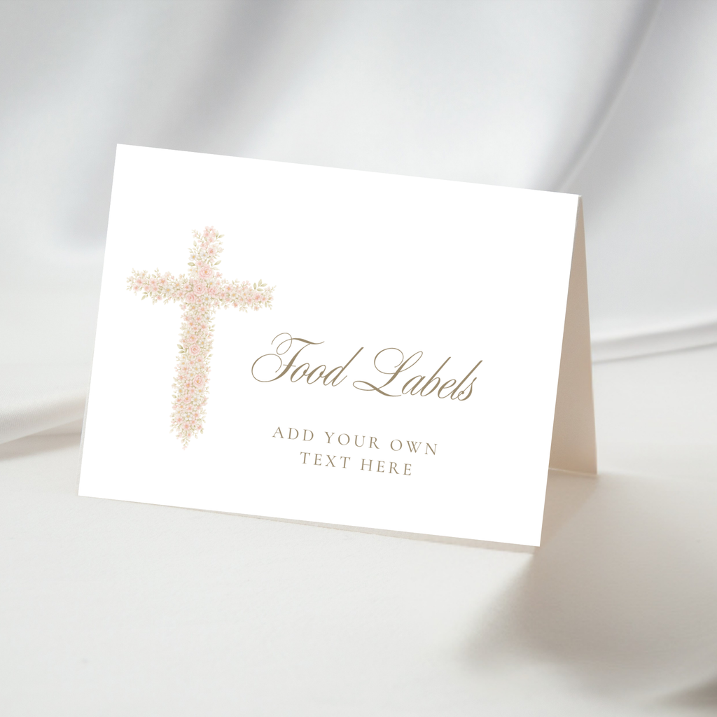 Soft pink floral baptism food labels with elegant blush floral cross and editable folded tent card design