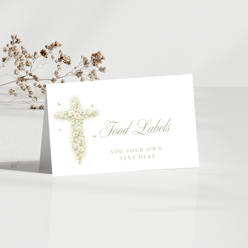 Elegant sage green floral baptism food labels with vintage floral cross editable in Canva for buffet tables and dessert displays
