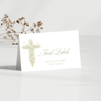 Elegant sage green floral baptism food labels with vintage floral cross editable in Canva for buffet tables and dessert displays