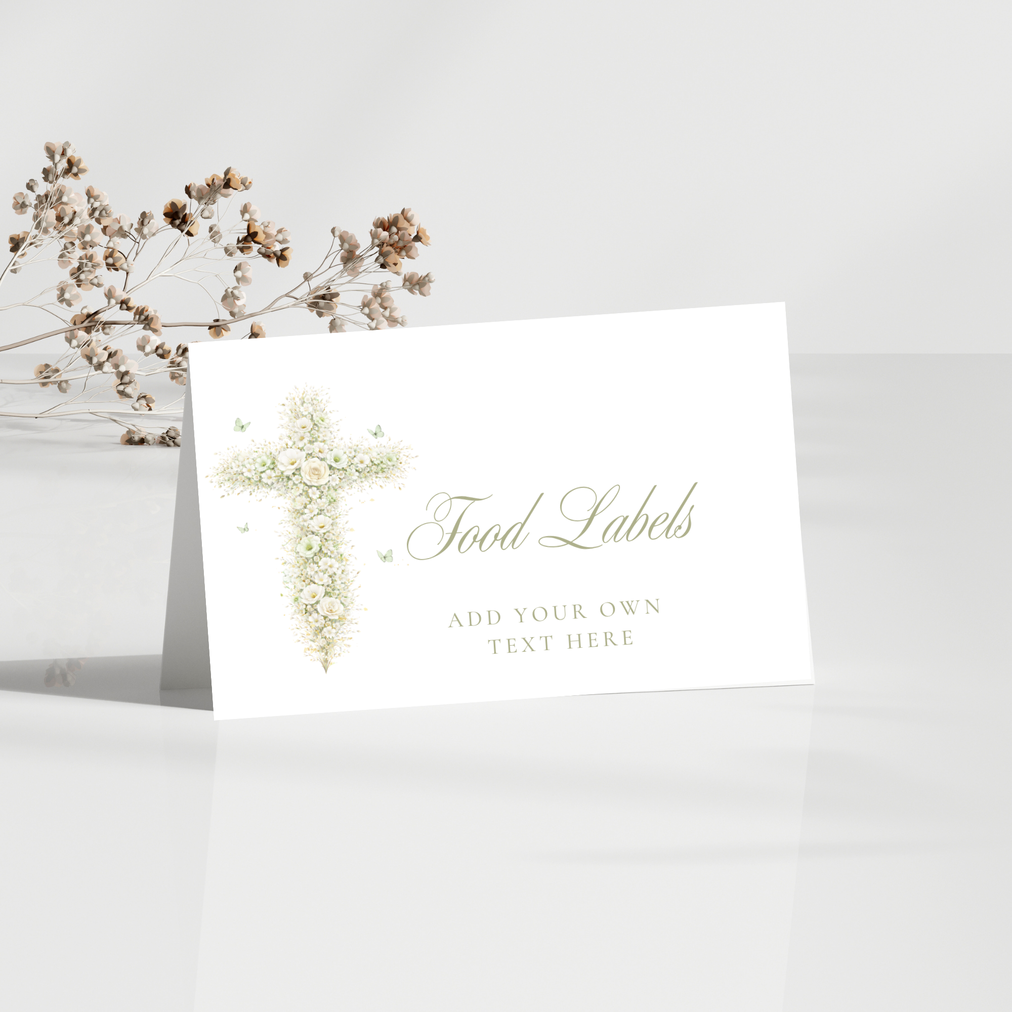 Elegant sage green floral baptism food labels with vintage floral cross editable in Canva for buffet tables and dessert displays