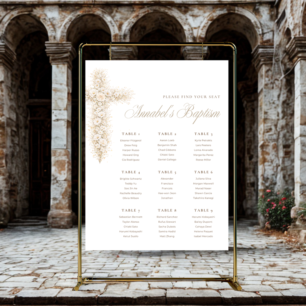 Vintage floral baptism seating chart with neutral gold floral cross and elegant beige christening seating plan design
