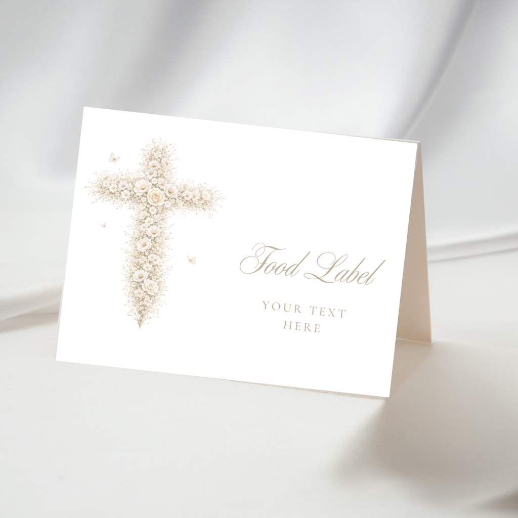 Vintage floral baptism food label with neutral gold floral cross and elegant beige christening buffet table card design