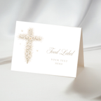 Vintage floral baptism food label with neutral gold floral cross and elegant beige christening buffet table card design