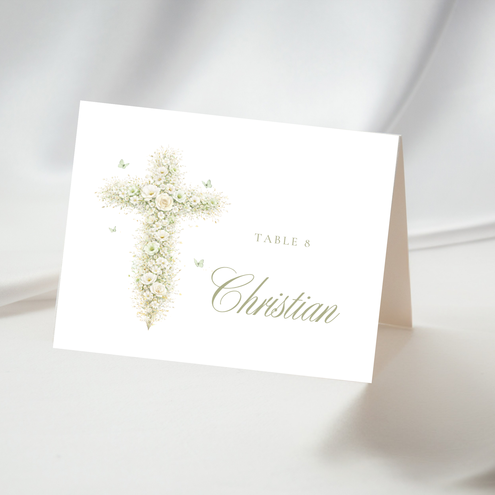 Vintage floral sage green baptism folded place card with elegant floral cross and editable seating template