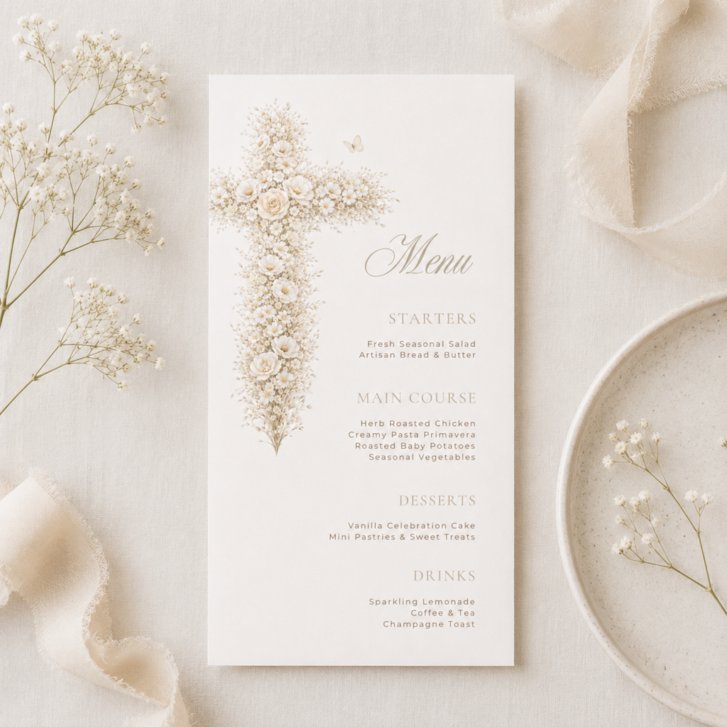 Vintage floral baptism menu card with neutral gold floral cross and elegant beige christening table menu design