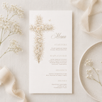 Vintage floral baptism menu card with neutral gold floral cross and elegant beige christening table menu design