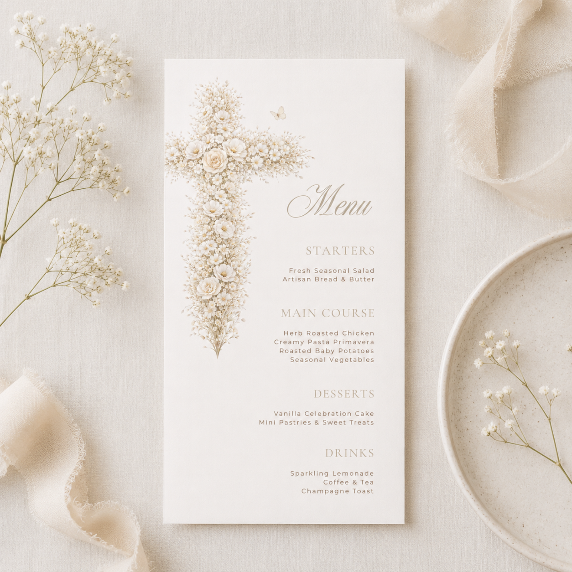 Vintage floral baptism menu card with neutral gold floral cross and elegant beige christening table menu design