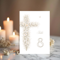 Vintage floral baptism table sign with neutral gold floral cross and elegant beige religious celebration design