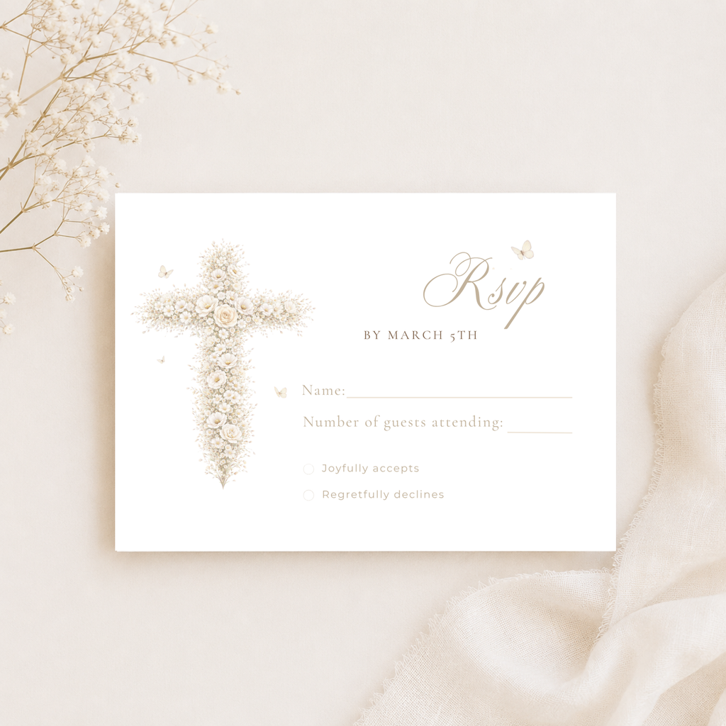 Vintage floral baptism RSVP card with neutral gold floral cross and elegant beige christening response design