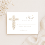 Vintage floral baptism RSVP card with neutral gold floral cross and elegant beige christening response design