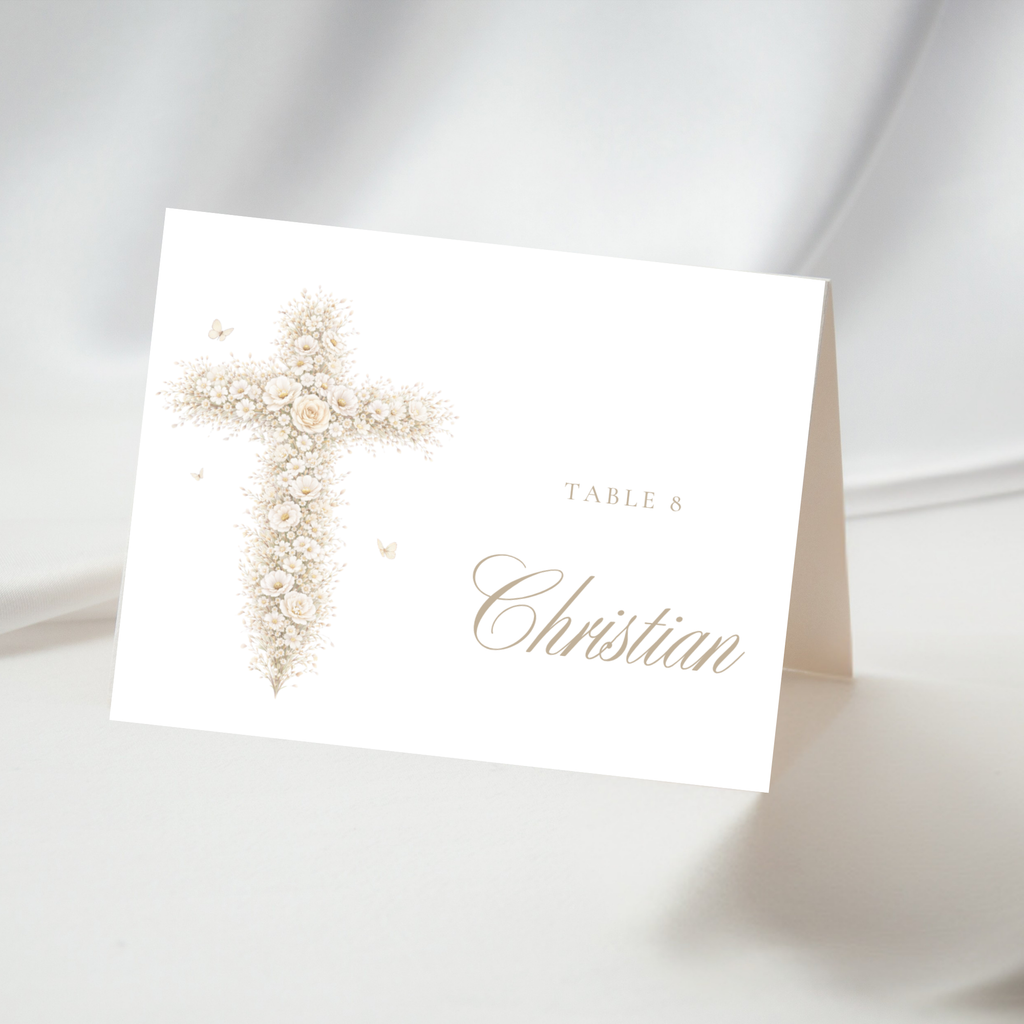 Vintage floral baptism folded place card with neutral gold floral cross and elegant beige religious celebration design