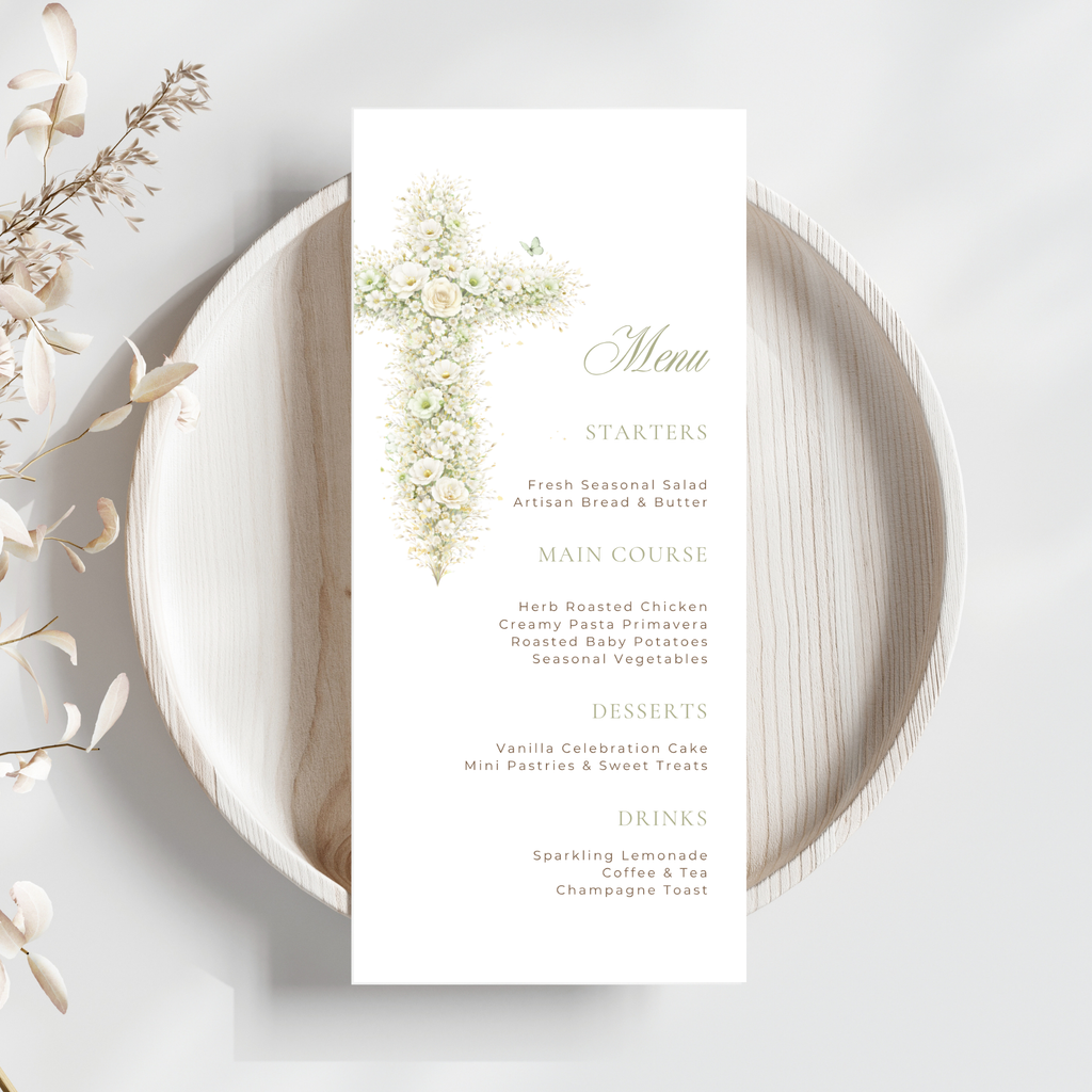 Elegant sage green floral baptism menu template with vintage floral cross editable in Canva for christening celebrations