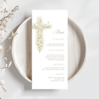 Elegant sage green floral baptism menu template with vintage floral cross editable in Canva for christening celebrations