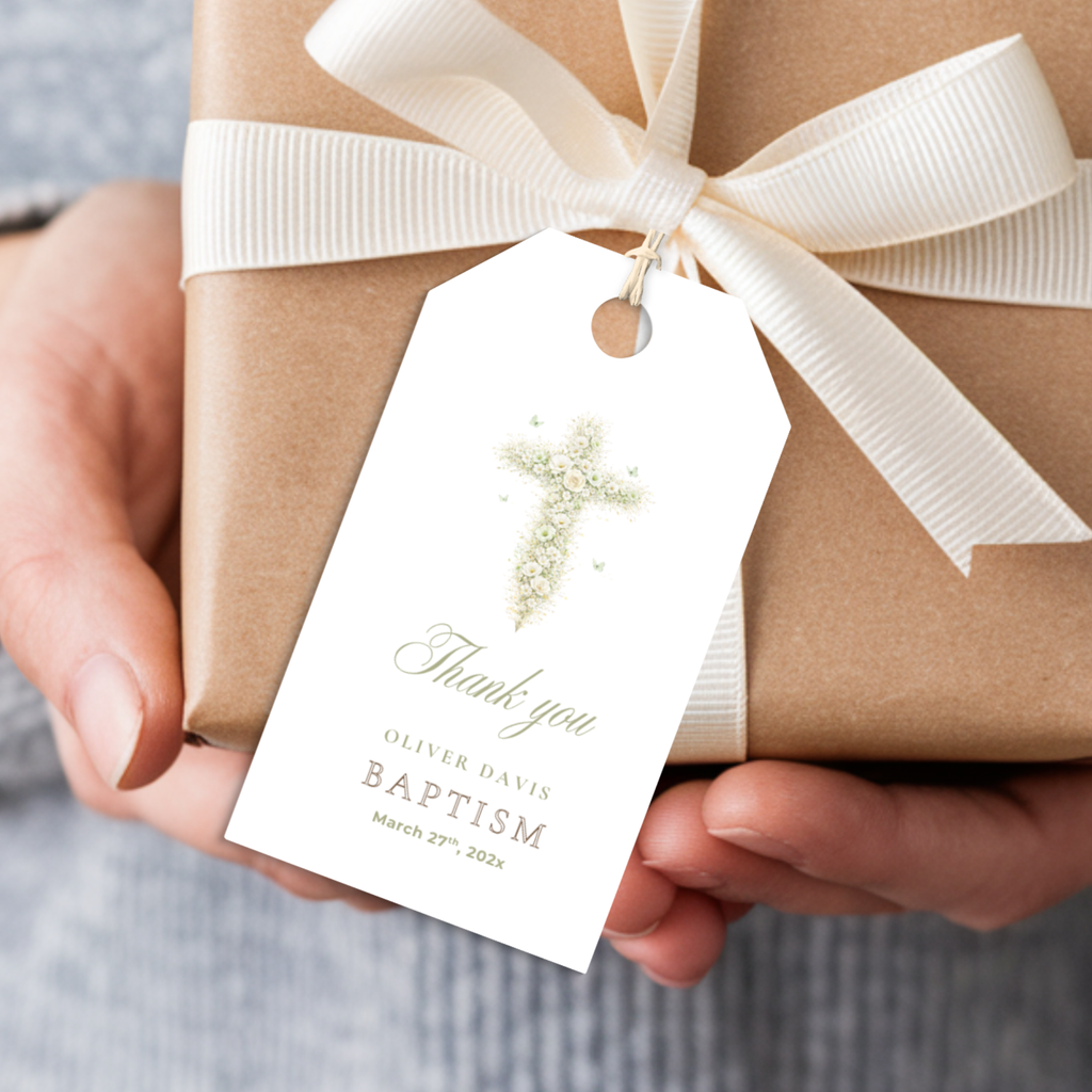 Elegant sage green floral baptism favor tag with vintage floral cross editable in Canva for gifts and party favors