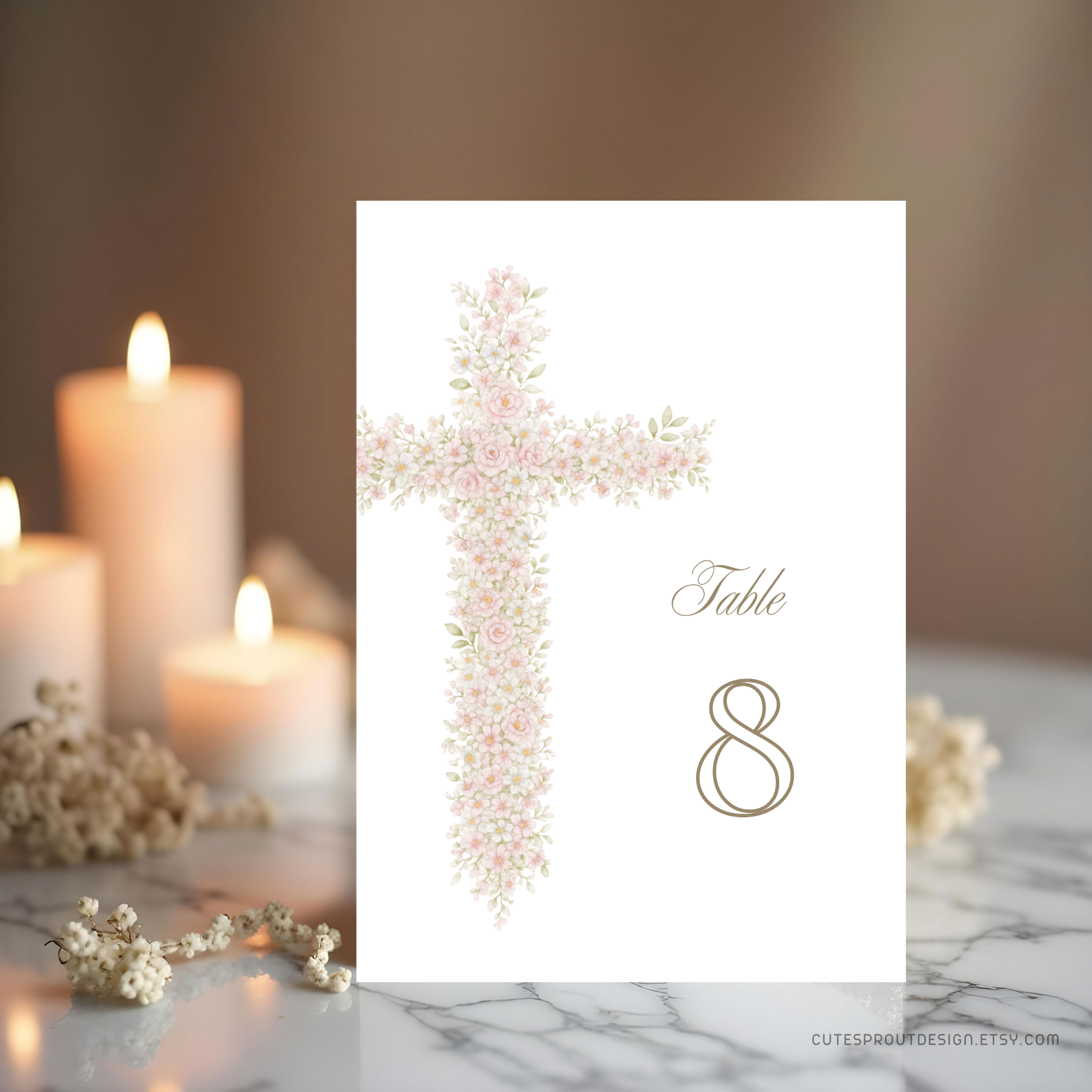 Soft pink floral baptism table sign with blush floral cross and elegant neutral religious design