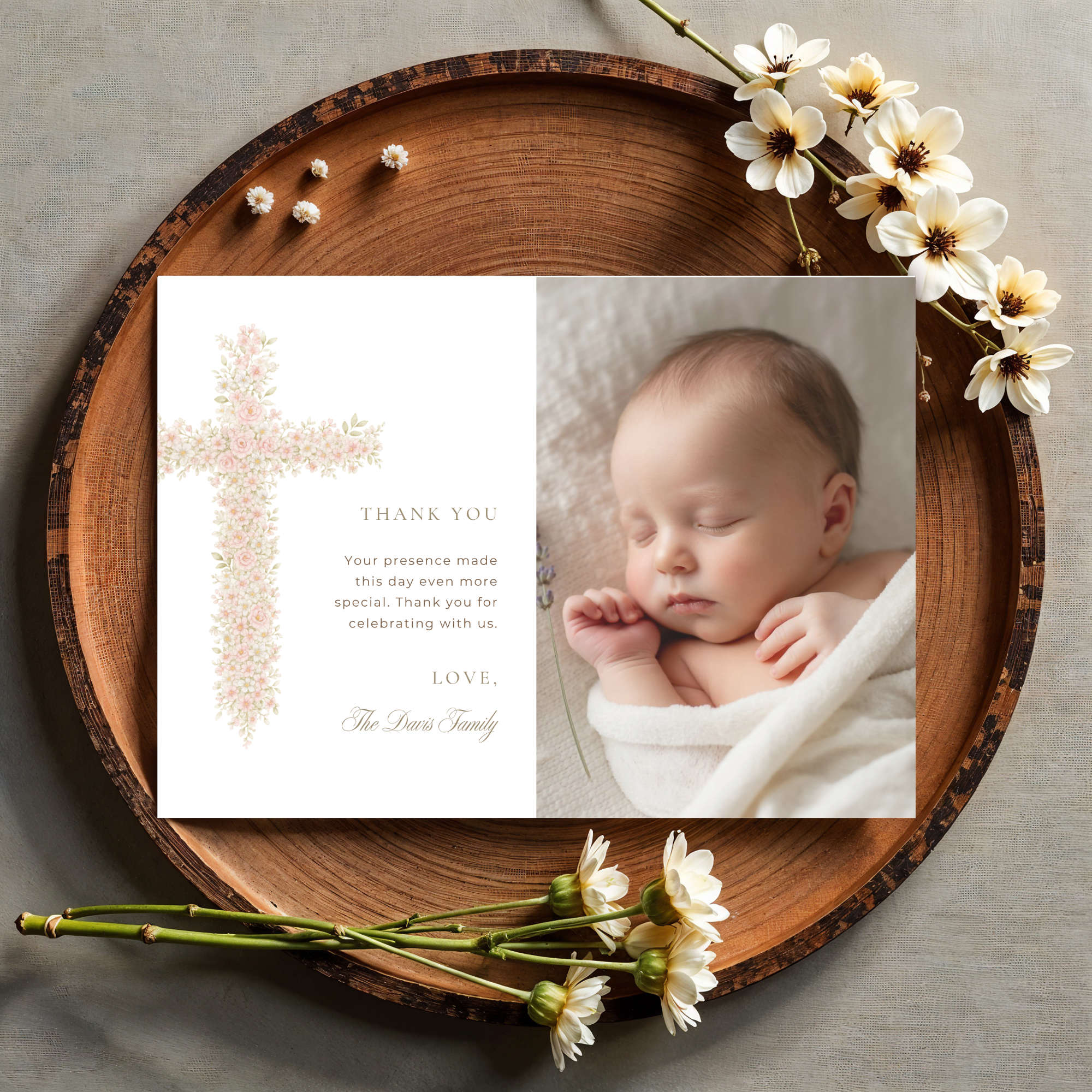 Soft pink floral baptism thank you card with photo layout and elegant blush floral cross design