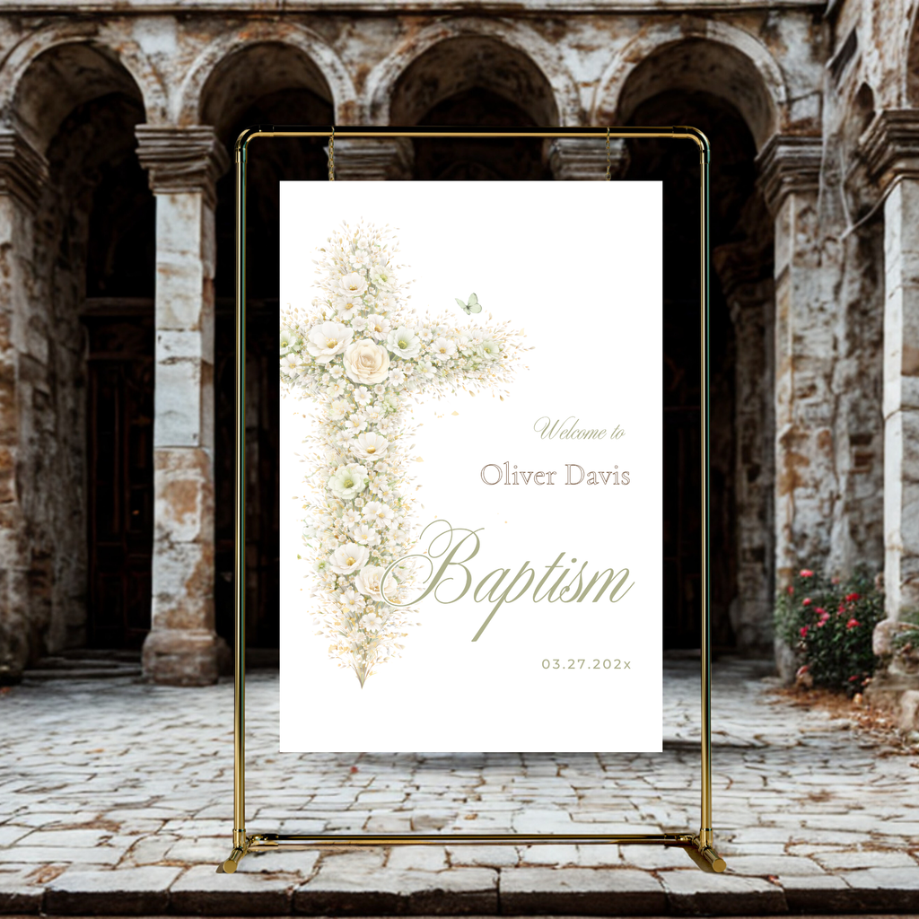 Vintage floral sage green baptism welcome sign with elegant floral cross and editable Canva template
