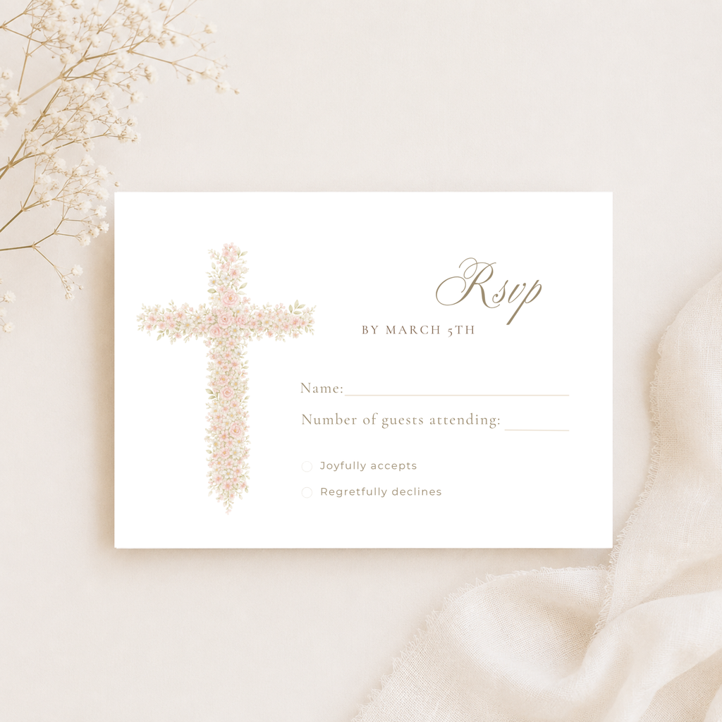 Soft pink floral baptism RSVP card with elegant blush floral cross and editable response details template