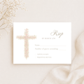 Soft pink floral baptism RSVP card with elegant blush floral cross and editable response details template