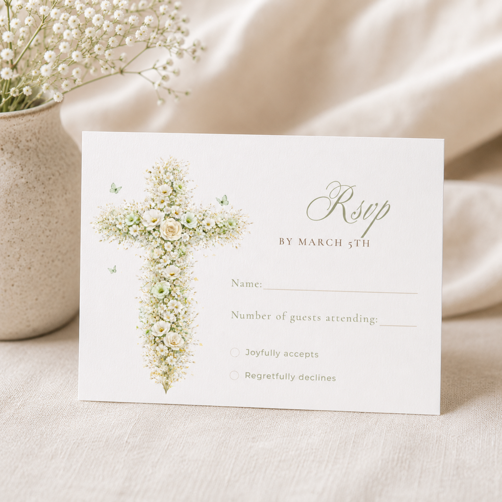 Elegant sage green floral baptism RSVP card with vintage floral cross editable in Canva for christening celebrations