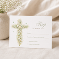 Elegant sage green floral baptism RSVP card with vintage floral cross editable in Canva for christening celebrations
