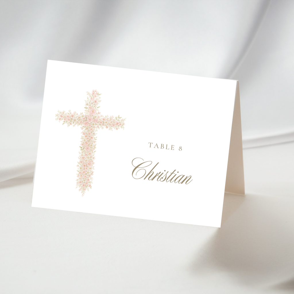 Soft pink floral baptism folded place card with blush floral cross and elegant seating card design