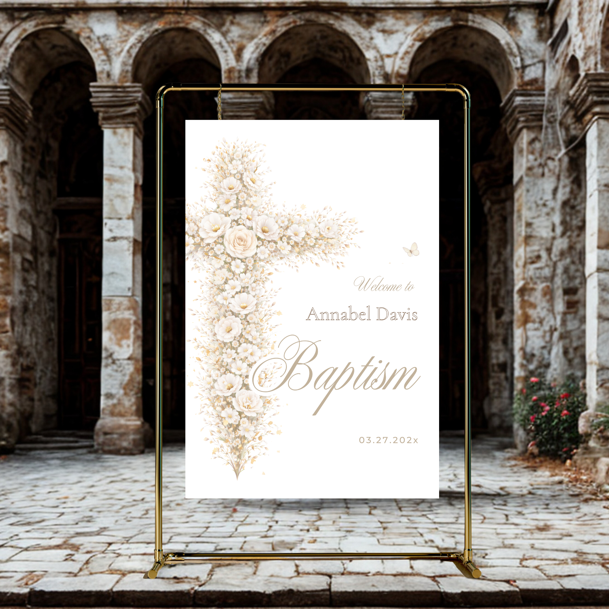 Vintage floral baptism welcome sign with neutral gold floral cross and elegant beige baptism theme