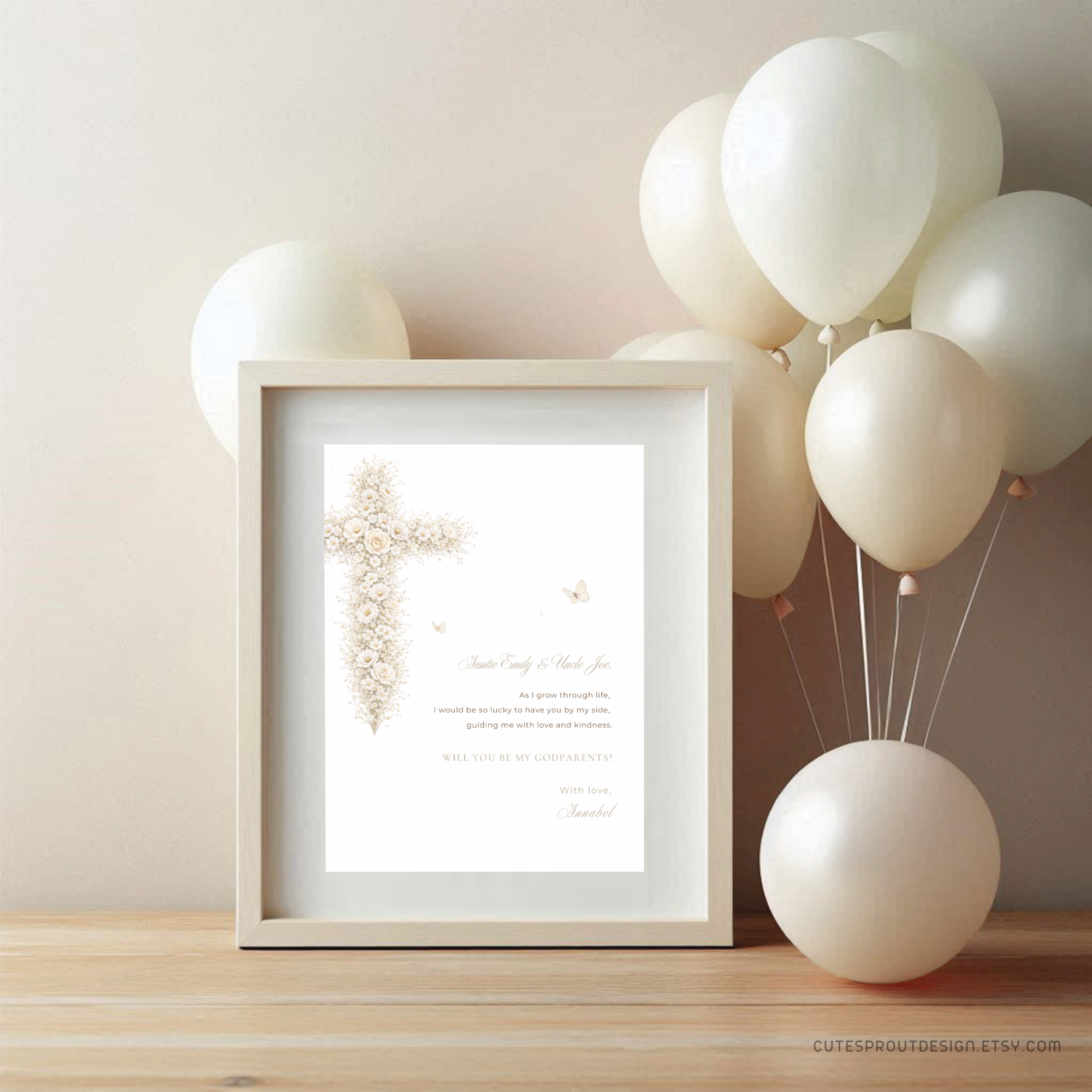 Vintage floral baptism godparents proposal card with neutral gold floral cross, soft beige tones, and elegant editable Canva design