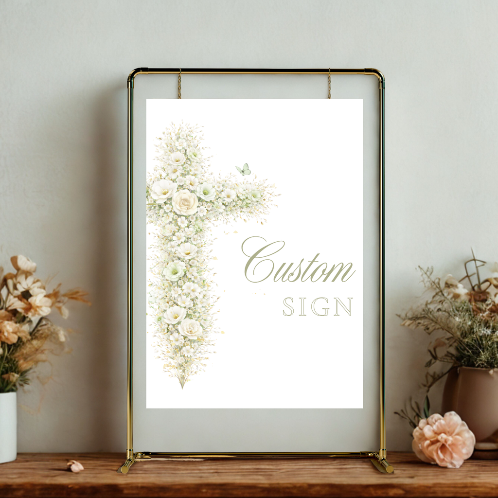 Elegant sage green floral baptism custom sign with vintage floral cross editable in Canva for christening celebrations